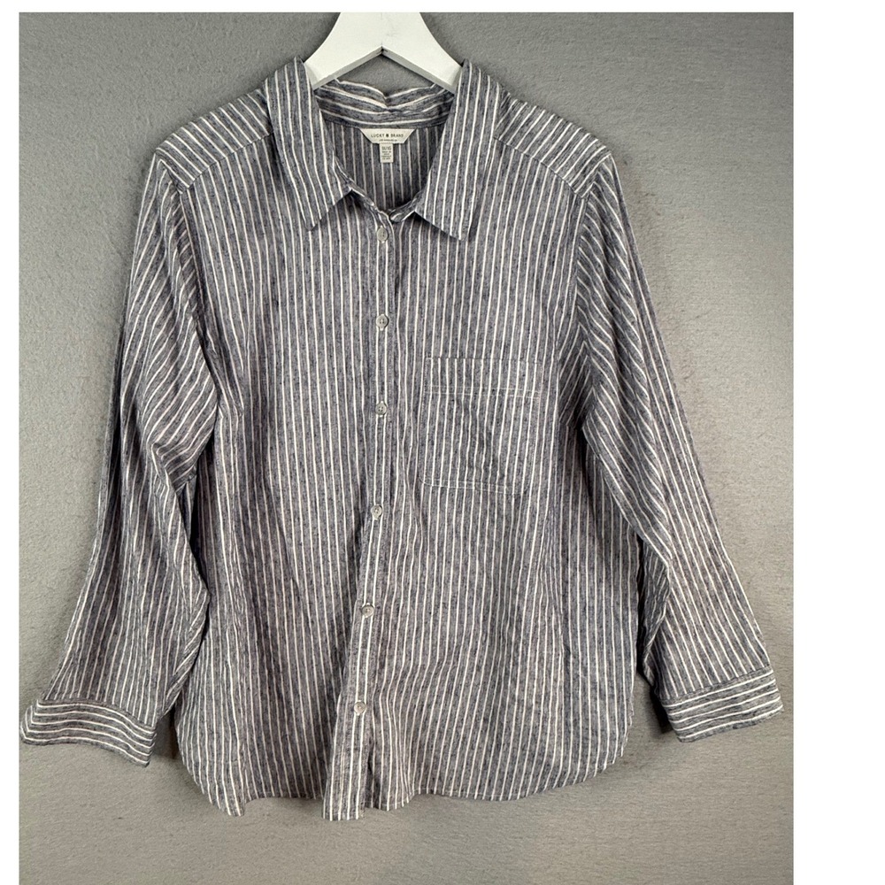 Lucky Brand Button Up Shirt Womens 1X Blue Striped Button Back Coastal Nautical - Picture 1 of 10